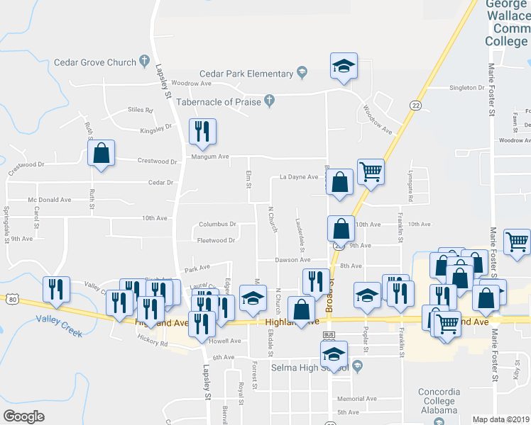 map of restaurants, bars, coffee shops, grocery stores, and more near 2701 Church Street in Selma