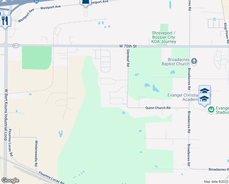 map of restaurants, bars, coffee shops, grocery stores, and more near 7400 Glenleaf Road in Shreveport