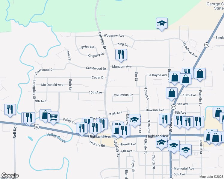 map of restaurants, bars, coffee shops, grocery stores, and more near 2606 Summerfield Road in Selma