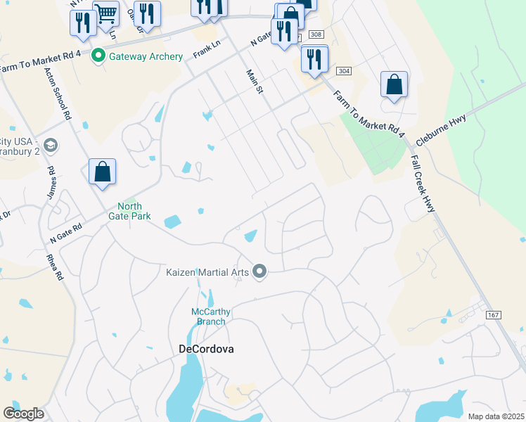 map of restaurants, bars, coffee shops, grocery stores, and more near Circo Drive in Granbury