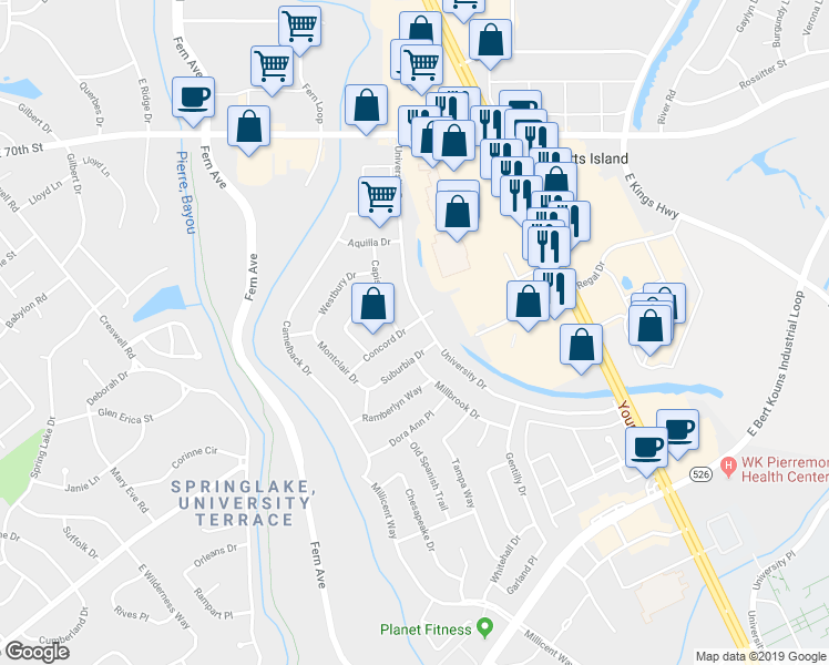 map of restaurants, bars, coffee shops, grocery stores, and more near 1541 Concord Drive in Shreveport