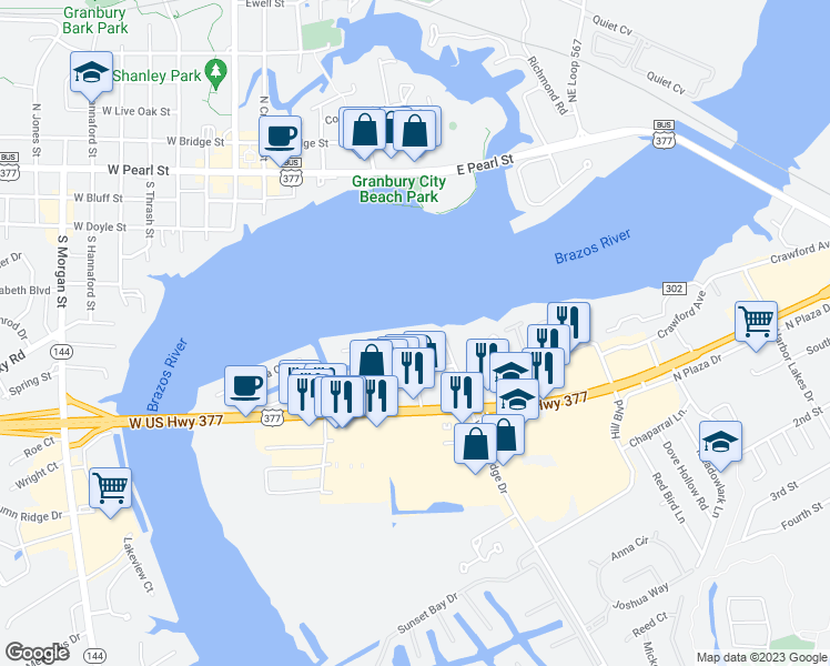 map of restaurants, bars, coffee shops, grocery stores, and more near 800 Panama Court in Granbury