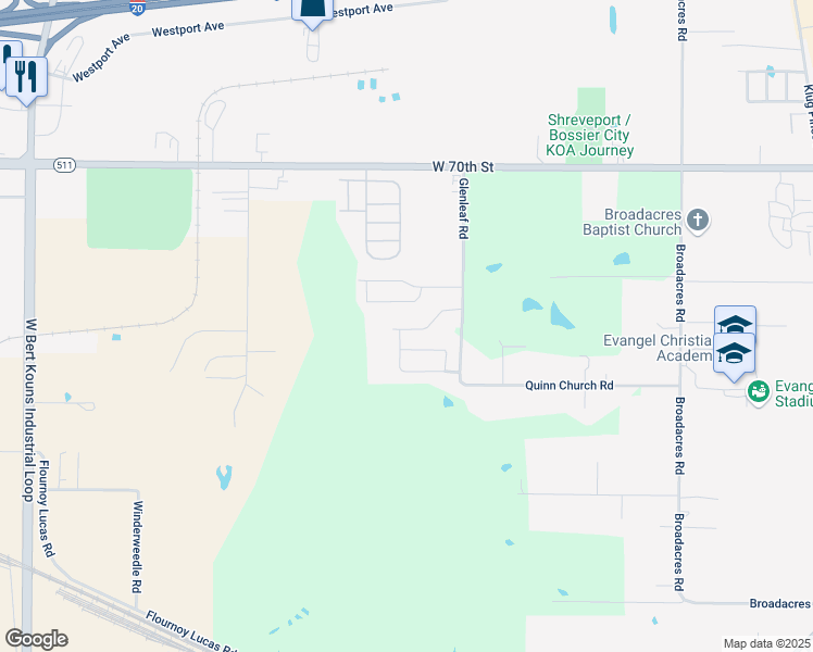 map of restaurants, bars, coffee shops, grocery stores, and more near 7400 Glenleaf Road in Shreveport