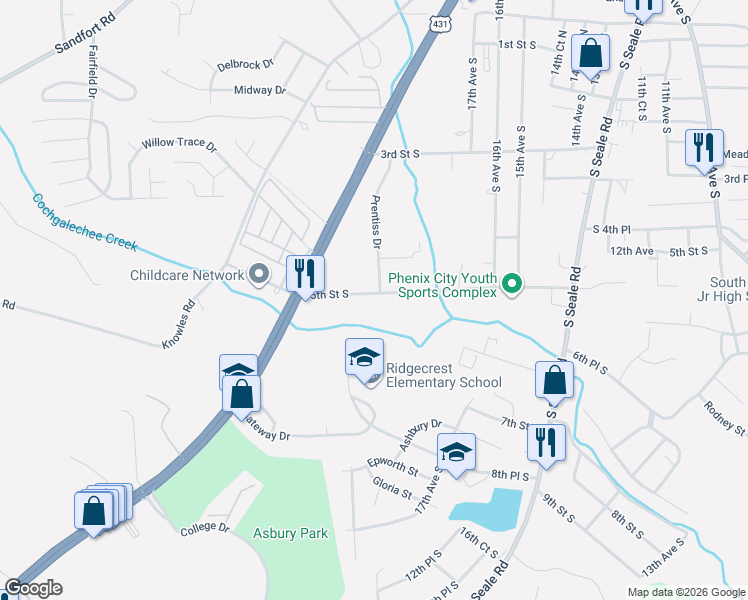 map of restaurants, bars, coffee shops, grocery stores, and more near 301-303 Prentiss Drive in Phenix City