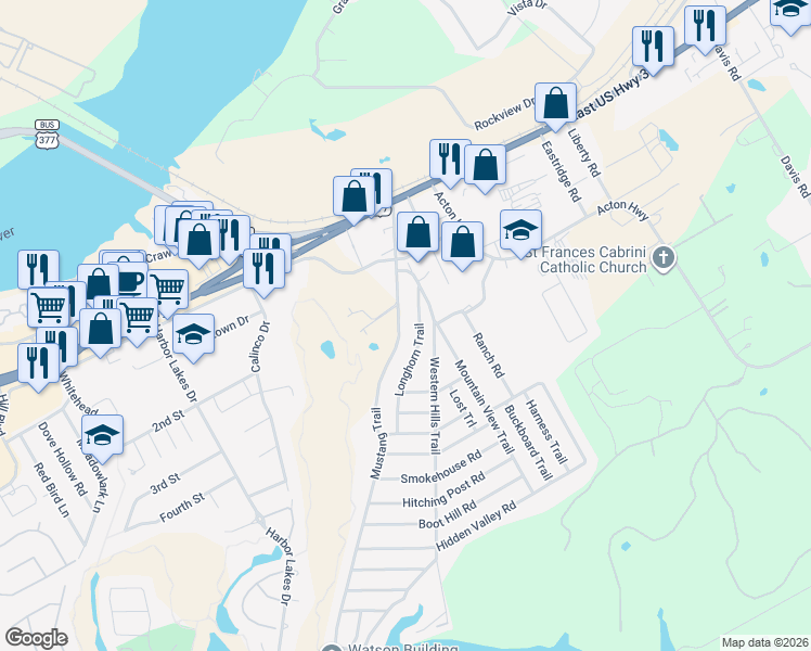 map of restaurants, bars, coffee shops, grocery stores, and more near 405 Mustang Trail in Granbury