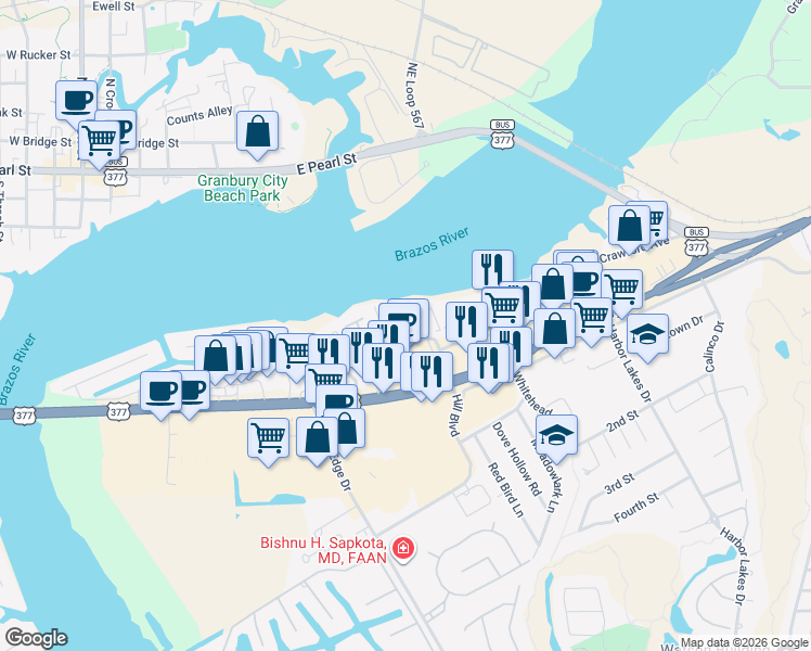map of restaurants, bars, coffee shops, grocery stores, and more near 800 Chanel Drive in Granbury
