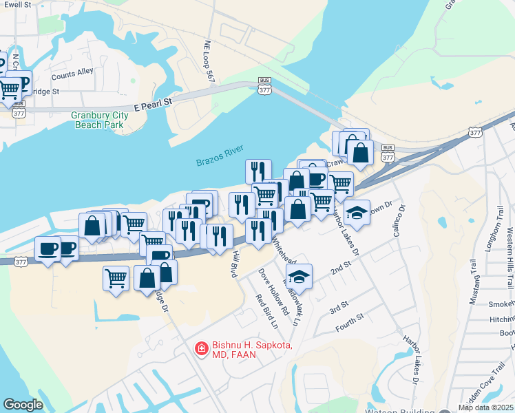 map of restaurants, bars, coffee shops, grocery stores, and more near 1200 Crawford Avenue in Granbury