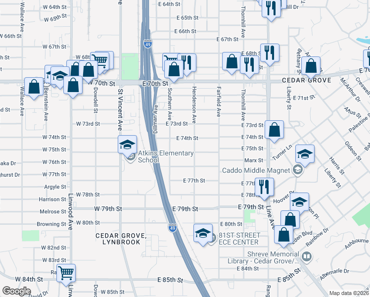 map of restaurants, bars, coffee shops, grocery stores, and more near 259 East 74th Street in Shreveport