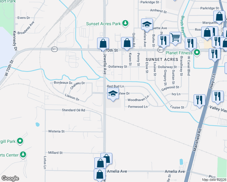 map of restaurants, bars, coffee shops, grocery stores, and more near 3609 Red Bud Lane in Shreveport