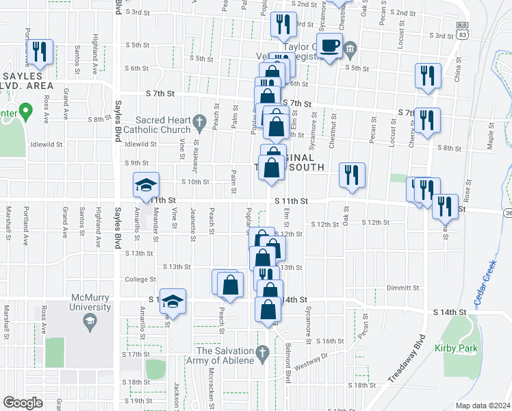 map of restaurants, bars, coffee shops, grocery stores, and more near 1049 Poplar Street in Abilene