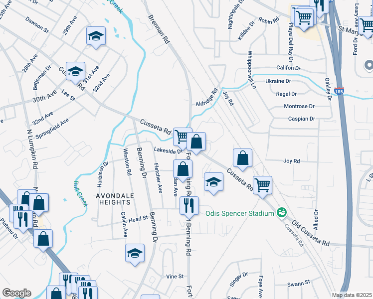 map of restaurants, bars, coffee shops, grocery stores, and more near Cusseta Road in Columbus