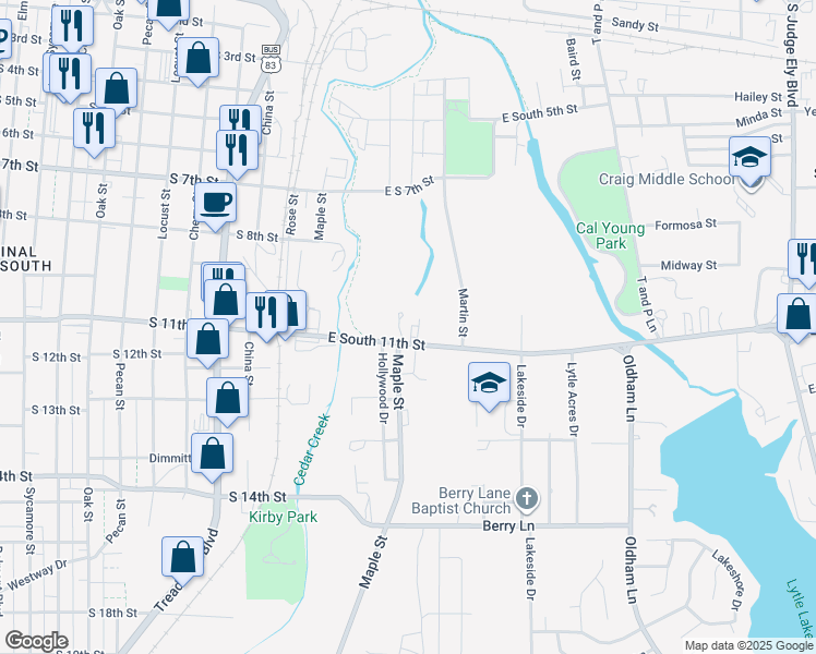 map of restaurants, bars, coffee shops, grocery stores, and more near 302 East South 11th Street in Abilene
