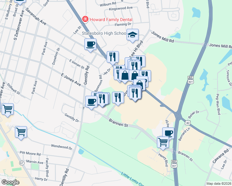 map of restaurants, bars, coffee shops, grocery stores, and more near 300 Lovett Road in Statesboro