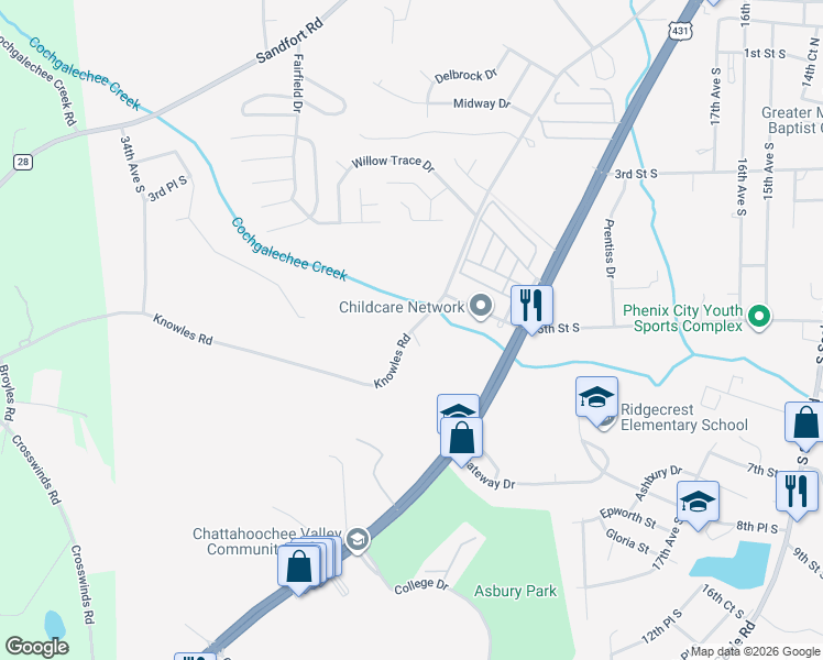 map of restaurants, bars, coffee shops, grocery stores, and more near 2000 Knowles Road in Phenix City