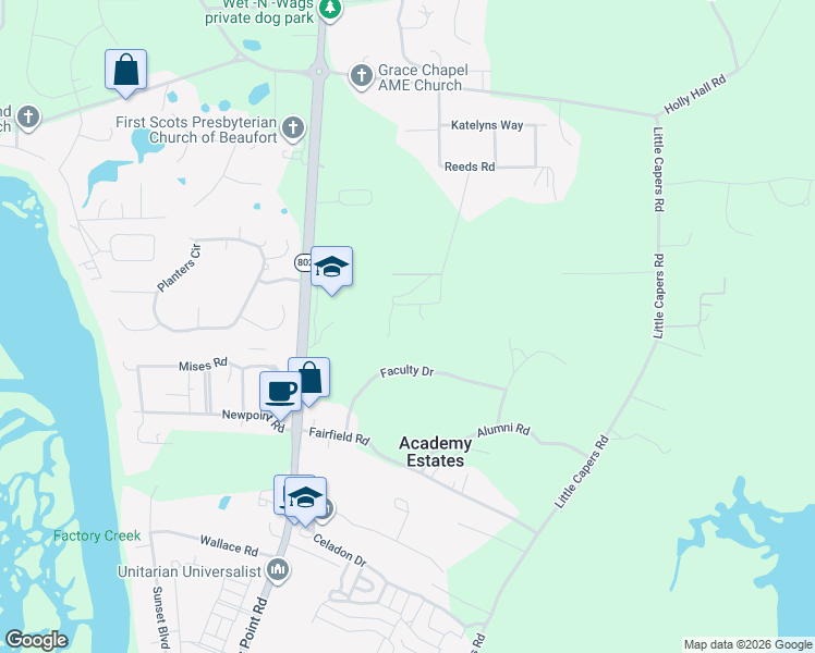 map of restaurants, bars, coffee shops, grocery stores, and more near 5 Cely Lane in Beaufort