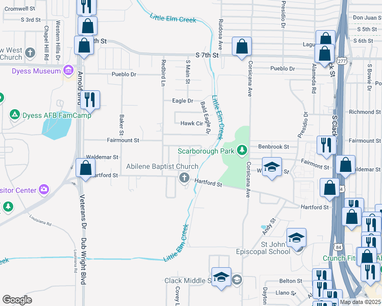 map of restaurants, bars, coffee shops, grocery stores, and more near 5850 Hartford Street in Abilene