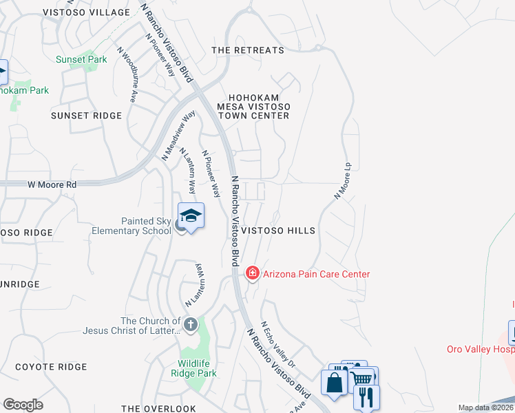 map of restaurants, bars, coffee shops, grocery stores, and more near 335 East Kezar Drive in Oro Valley