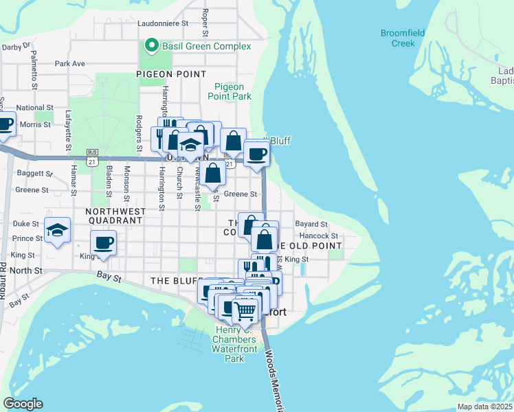 map of restaurants, bars, coffee shops, grocery stores, and more near 705 Washington Street in Beaufort