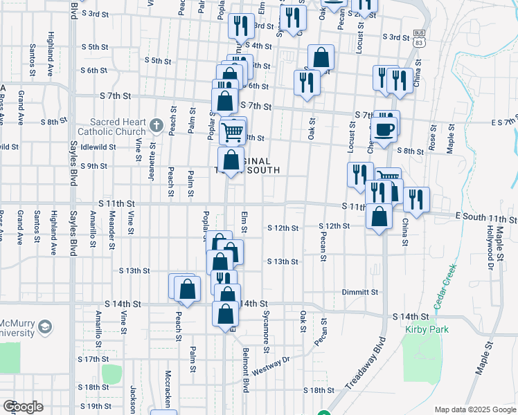 map of restaurants, bars, coffee shops, grocery stores, and more near 1042 Sycamore Street in Abilene