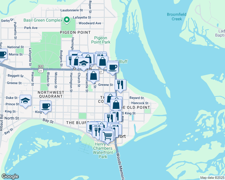 map of restaurants, bars, coffee shops, grocery stores, and more near 705 Washington Street in Beaufort