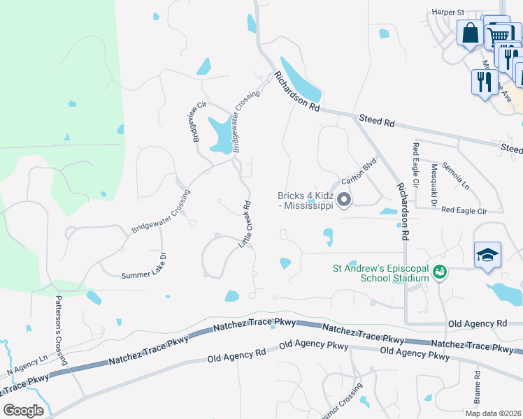 map of restaurants, bars, coffee shops, grocery stores, and more near 108 Little Creek Road in Ridgeland