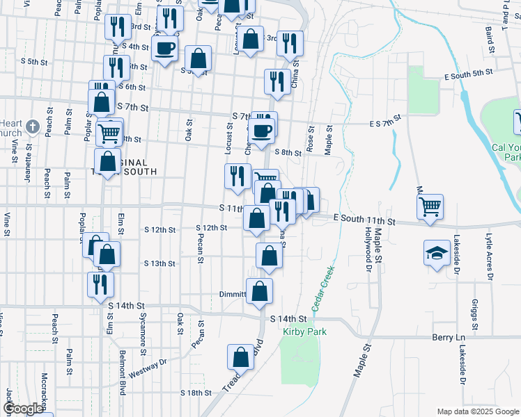 map of restaurants, bars, coffee shops, grocery stores, and more near 1050 South Treadaway Boulevard in Abilene