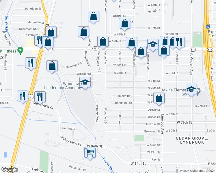 map of restaurants, bars, coffee shops, grocery stores, and more near 737 West 75th Street in Shreveport