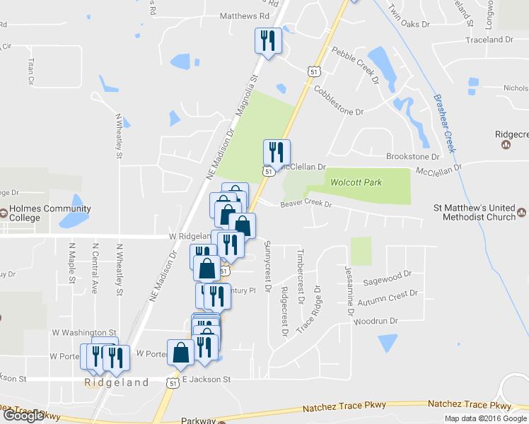 map of restaurants, bars, coffee shops, grocery stores, and more near Highway 51 in Ridgeland