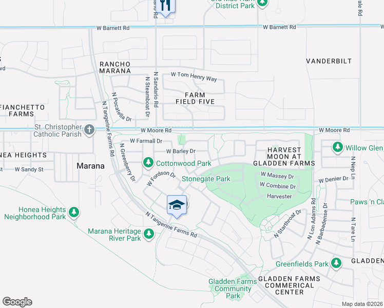 map of restaurants, bars, coffee shops, grocery stores, and more near 11682 West Barley Drive in Marana