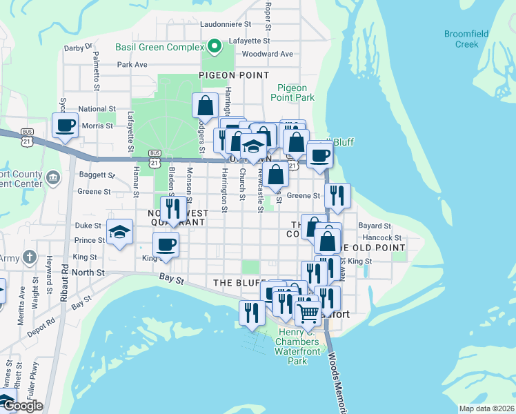 map of restaurants, bars, coffee shops, grocery stores, and more near 1108 Greene Street in Beaufort