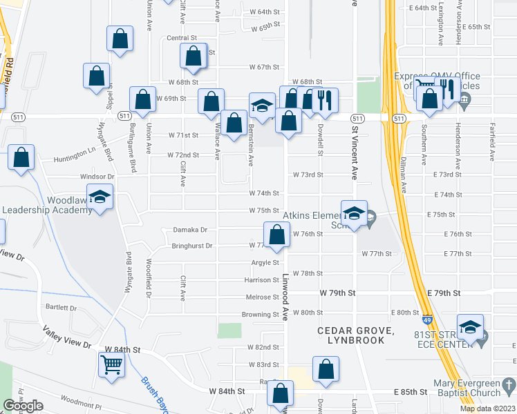 map of restaurants, bars, coffee shops, grocery stores, and more near 437 West 75th Street in Shreveport