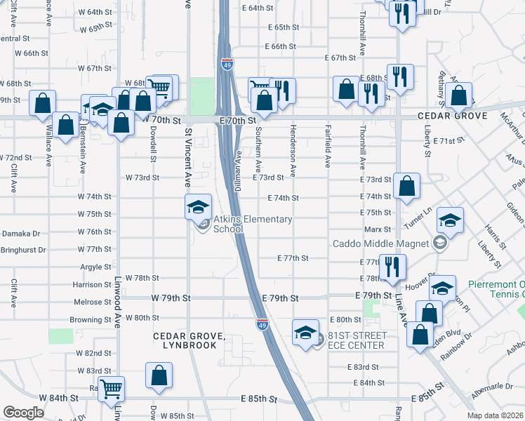 map of restaurants, bars, coffee shops, grocery stores, and more near 7407 Southern Avenue in Shreveport