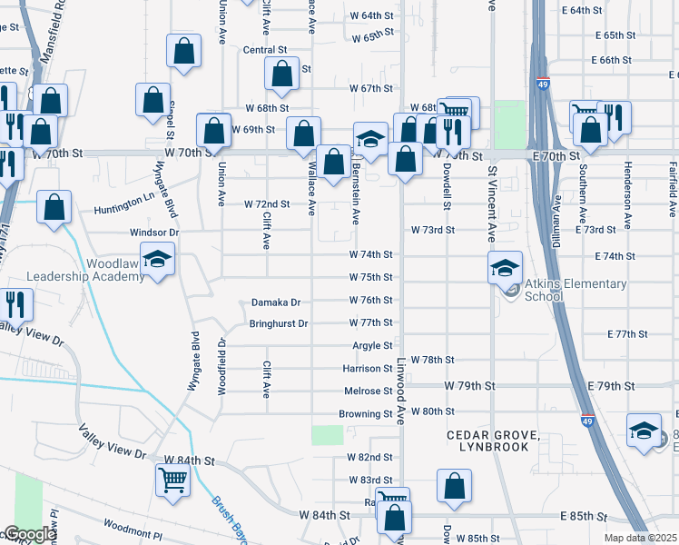 map of restaurants, bars, coffee shops, grocery stores, and more near 513 West 75th Street in Shreveport