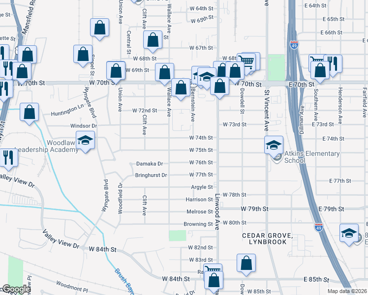map of restaurants, bars, coffee shops, grocery stores, and more near 526 West 74th Street in Shreveport