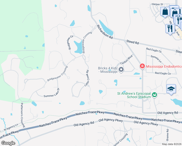map of restaurants, bars, coffee shops, grocery stores, and more near 108 Little Creek Road in Ridgeland