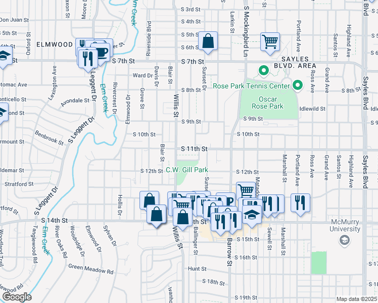 map of restaurants, bars, coffee shops, grocery stores, and more near 3217 South 11th Street in Abilene
