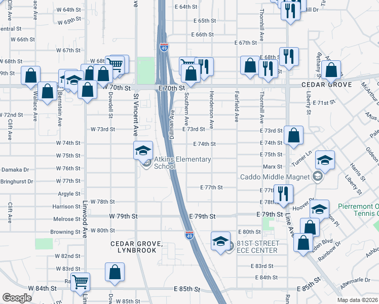 map of restaurants, bars, coffee shops, grocery stores, and more near 7409 Southern Avenue in Shreveport
