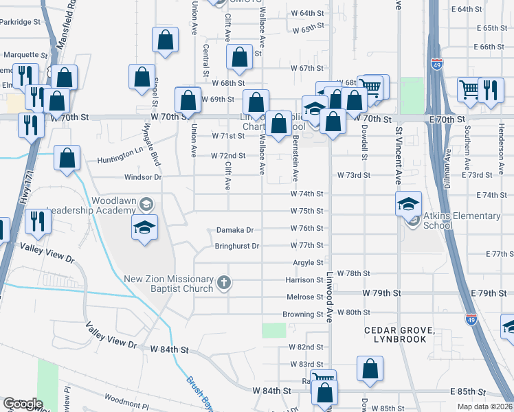 map of restaurants, bars, coffee shops, grocery stores, and more near 614 West 74th Street in Shreveport