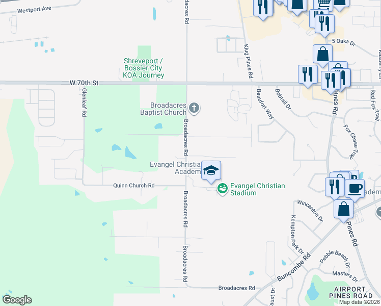 map of restaurants, bars, coffee shops, grocery stores, and more near 7341 Broadacres Road in Shreveport