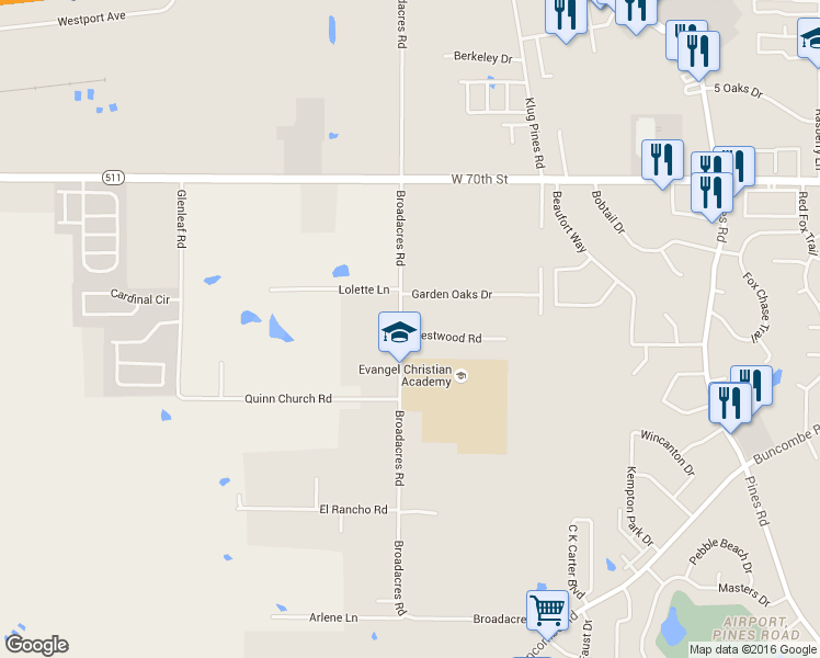 map of restaurants, bars, coffee shops, grocery stores, and more near 7341 Broadacres Road in Shreveport