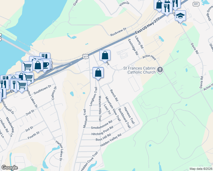 map of restaurants, bars, coffee shops, grocery stores, and more near 407 Ranch Road in Granbury