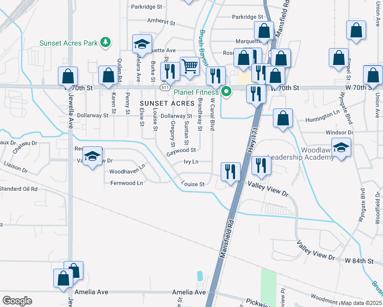 map of restaurants, bars, coffee shops, grocery stores, and more near 3027 Gaywood Street in Shreveport