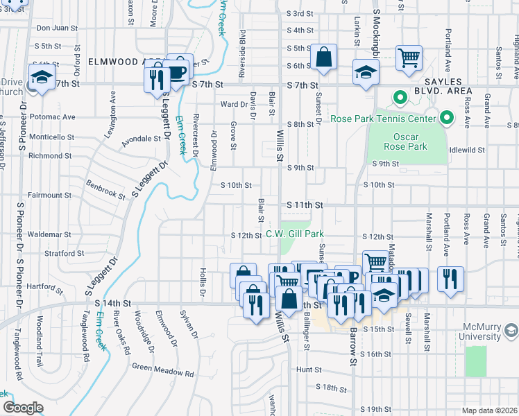 map of restaurants, bars, coffee shops, grocery stores, and more near 3333 South 11th Street in Abilene