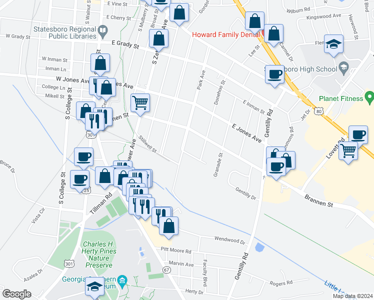 map of restaurants, bars, coffee shops, grocery stores, and more near 510 Park Avenue in Statesboro