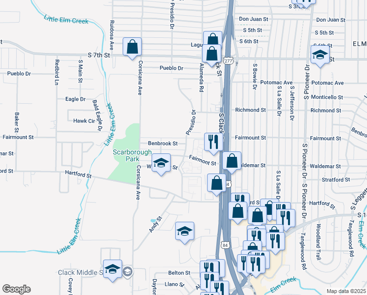 map of restaurants, bars, coffee shops, grocery stores, and more near 5201 Benbrook Street in Abilene