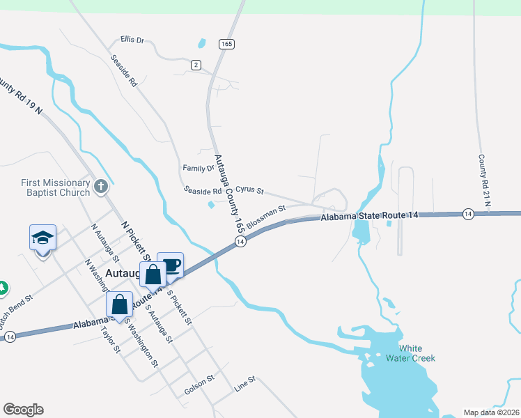 map of restaurants, bars, coffee shops, grocery stores, and more near Blossman Street in Autaugaville
