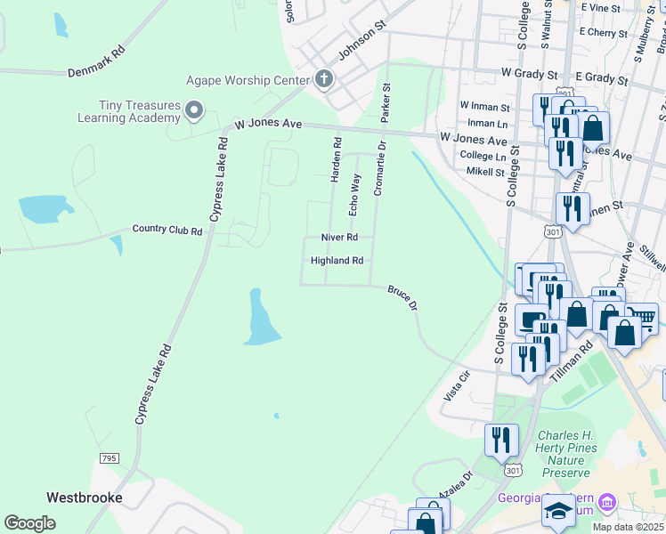 map of restaurants, bars, coffee shops, grocery stores, and more near 108 Highland Road in Statesboro