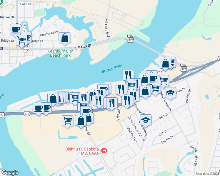 map of restaurants, bars, coffee shops, grocery stores, and more near 800 Chanel Drive in Granbury