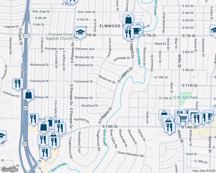 map of restaurants, bars, coffee shops, grocery stores, and more near 4025 Benbrook Street in Abilene