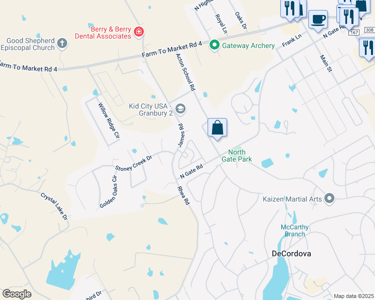 map of restaurants, bars, coffee shops, grocery stores, and more near 3451 Fountain Way in Granbury